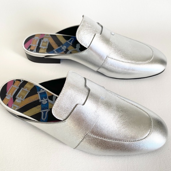 HERMES H CATENA SILVER LEATHER MULES FLIP FLOPS SHOES FLAT SLIDES 35.5 - Picture 8 of 16